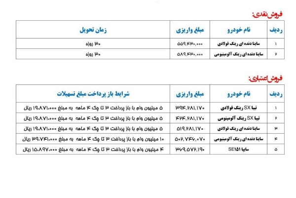 فروش نقدی و اقساطی سایپا ویژه چهارشنبه ۱۳ شهریور