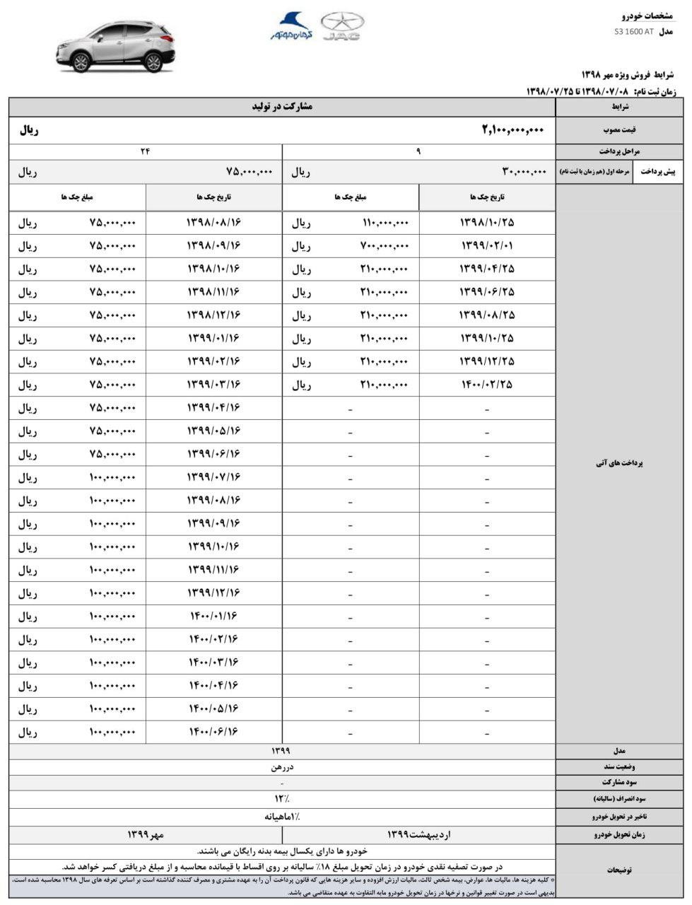 جدول طرح جدید فروش نقد و اقساطی جک S3 - مهر 98.jpg